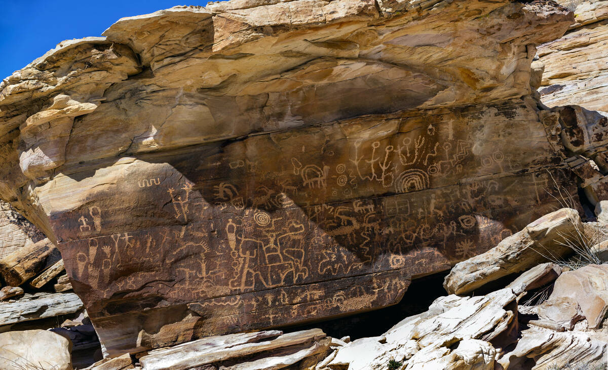 Petroglyphs in the Gold Butte National Monument on Wednesday, Oct. 5, 2022, in Logandale, Nevad ...