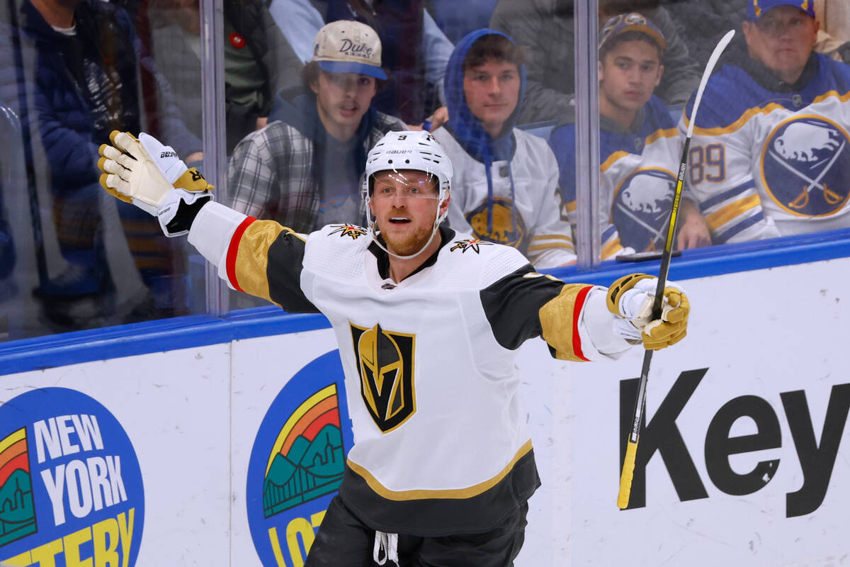 Vegas Golden Knights center Jack Eichel celebrates his goal against the Buffalo Sabres during t ...
