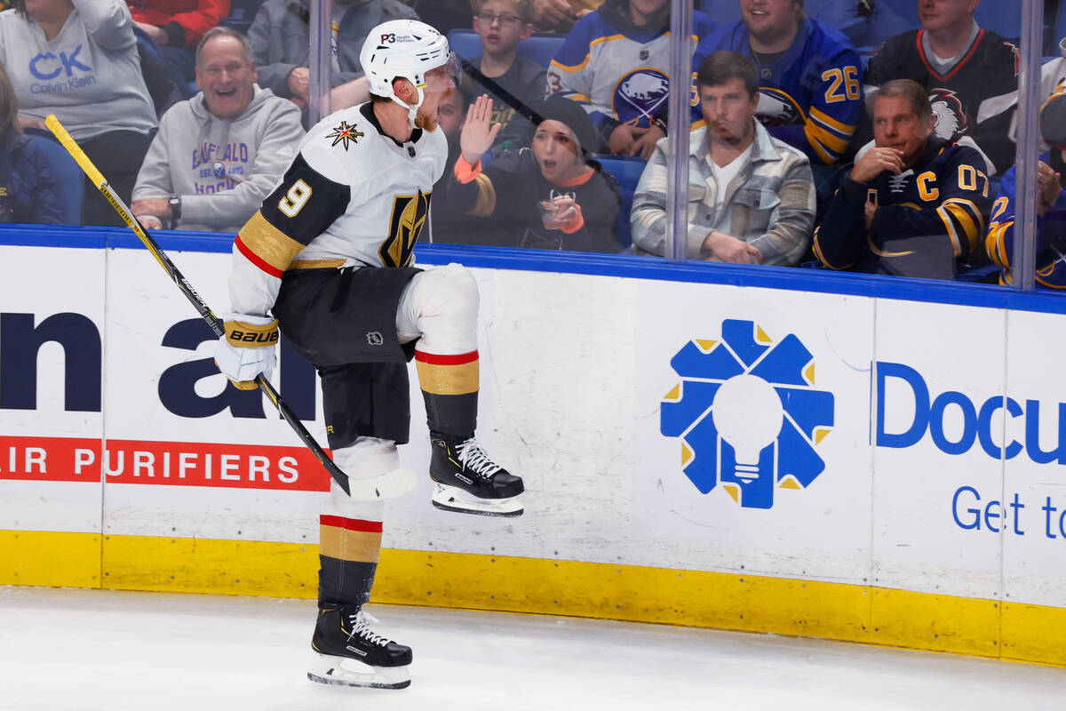 Vegas Golden Knights center Jack Eichel celebrates a goal during the third period of the team's ...