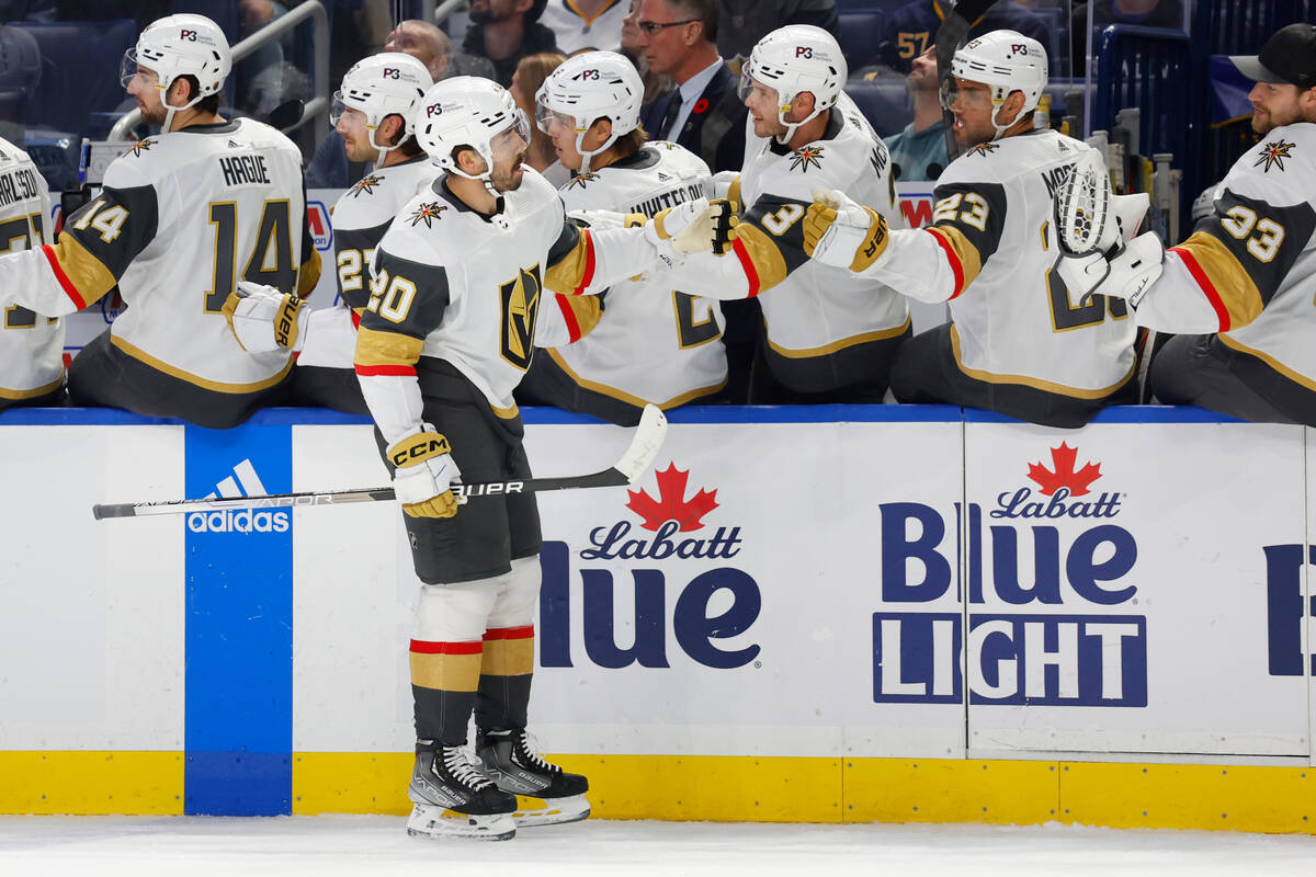 Vegas Golden Knights center Chandler Stephenson (20) is congratulated for his goal during the f ...