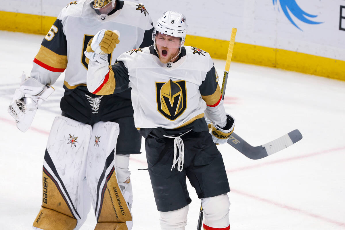 Vegas Golden Knights center Jack Eichel (9) celebrates his third goal of the night, during the ...