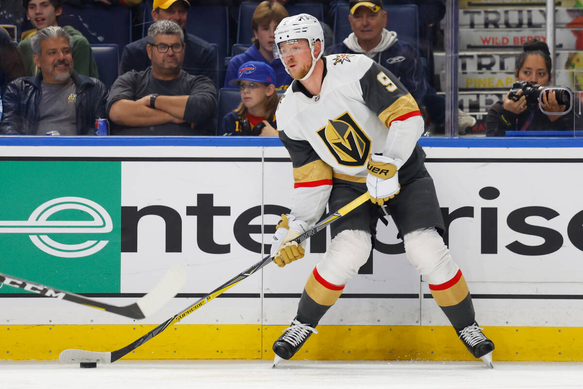 Vegas Golden Knights center Jack Eichel (9) looks to pass the puck during the first period of t ...