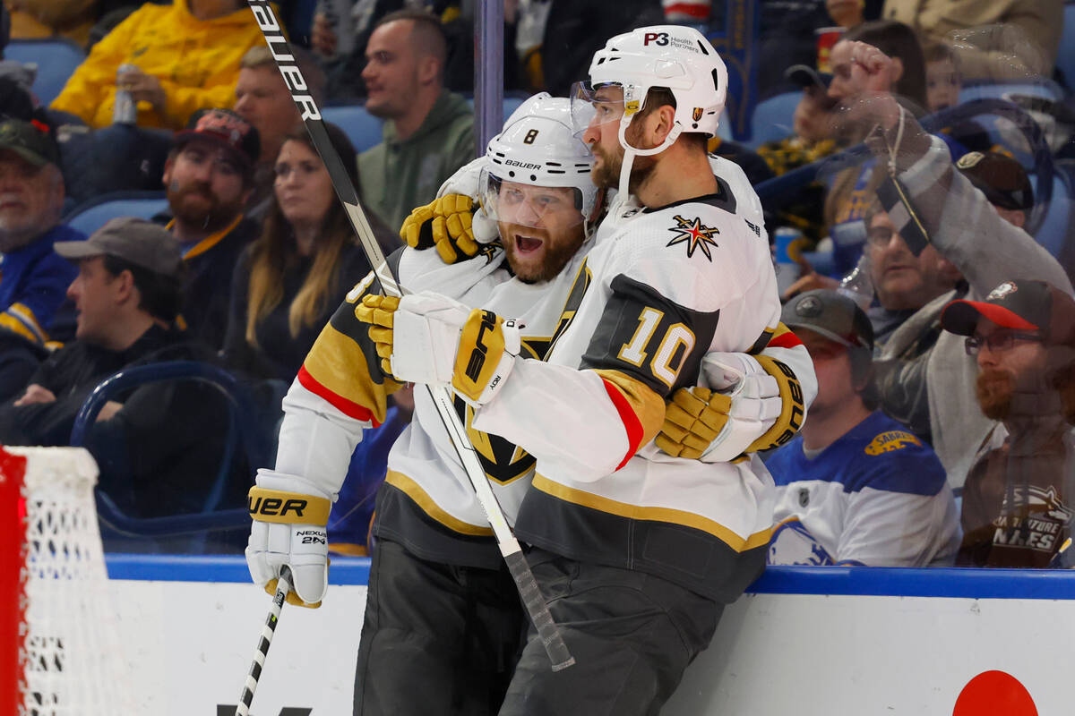 Vegas Golden Knights center Phil Kessel (8) celebrates his goal against the Buffalo Sabres with ...