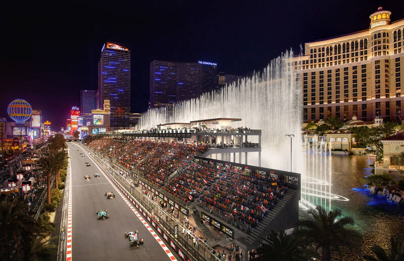 Area Penonton Grand Prix Formula Satu Las Vegas sedang dibangun di depan Air Mancur Bellagio