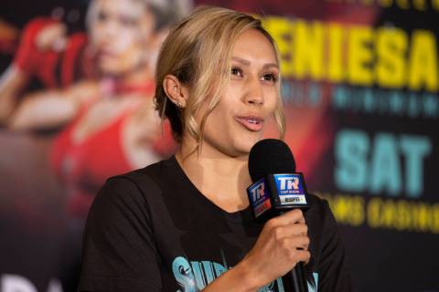 Seniesa Estrada speaks during a press conference on her upcoming fight, at The Palms hotel-casi ...