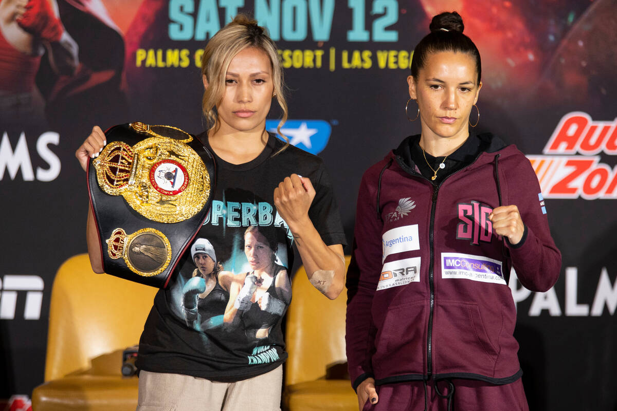 Seniesa Estrada, left, and her opponent Jazmin Gala Villarino, pose during a press conference o ...