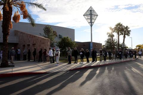 People line up to vote on Election Day at Desert Breeze Community Center in Las Vegas Tuesday, ...