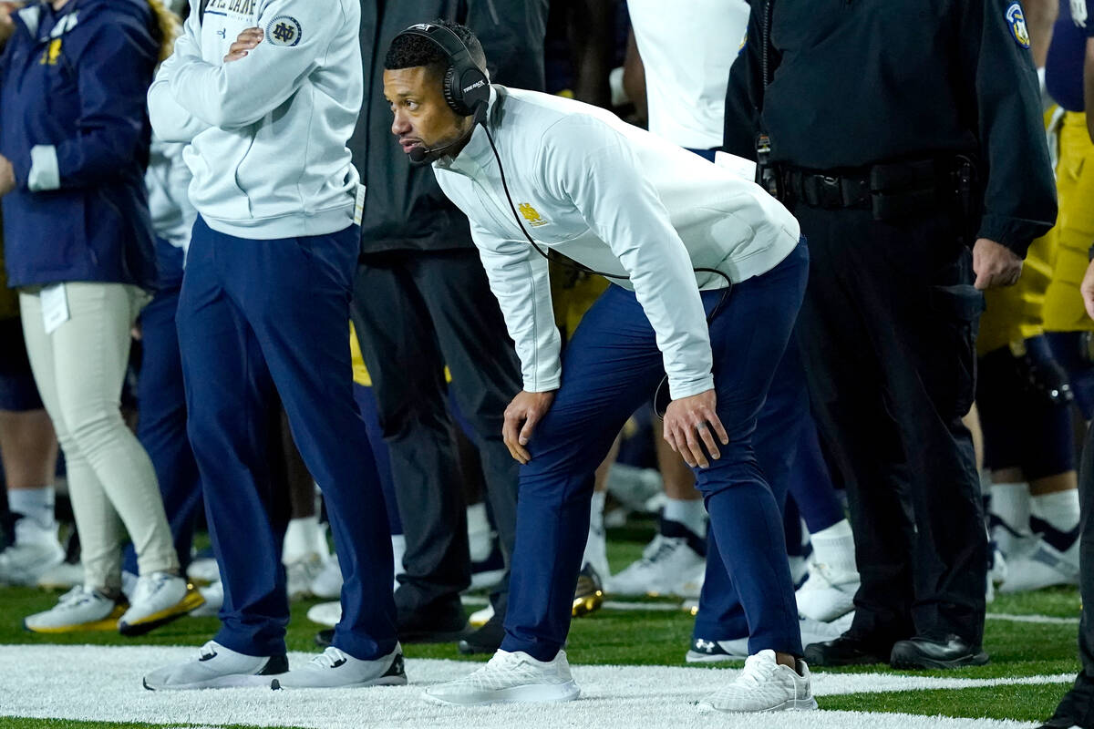 Notre Dame head coach Marcus Freeman watches from the sidelines during an NCAA college football ...
