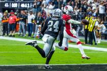 Arizona Cardinals quarterback Kyler Murray (1) scampers into the end zone past Raiders safety J ...