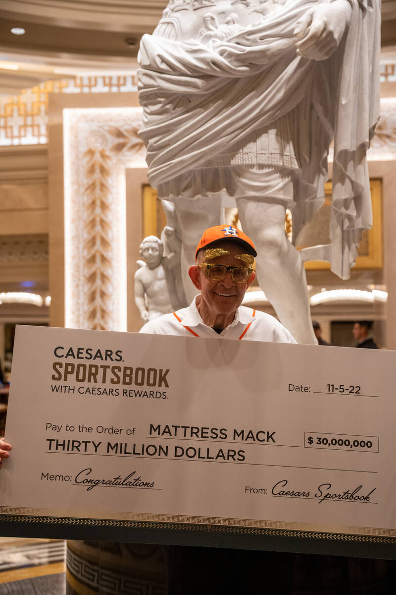 Jim “Mattress Mack” McIngvale shows off his win Thursday, Nov. 10, 2022, stemming ...