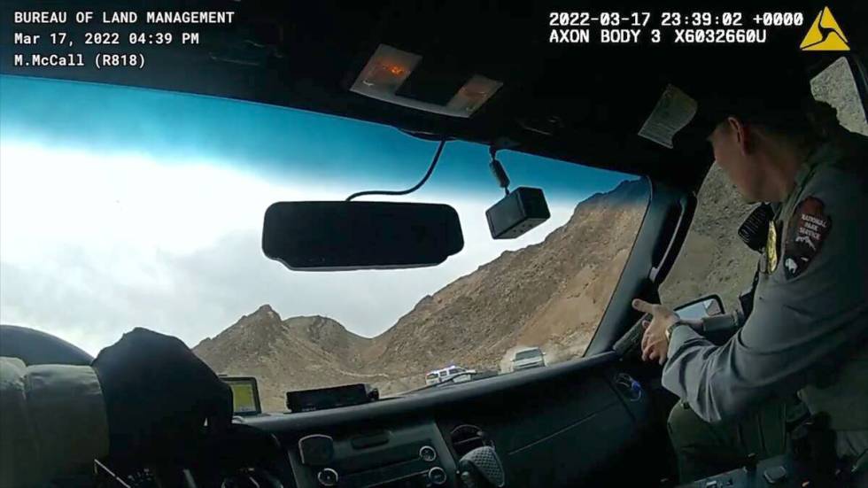 A still image pulled from the bodycam video of BLM ranger Miles McCall shows the stolen truck h ...