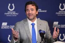 Indianapolis Colts interim coach Jeff Saturday speaks during a news conference at the NFL footb ...
