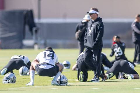 Raiders head coach Josh McDaniels walks through the team’s stretching period during prac ...
