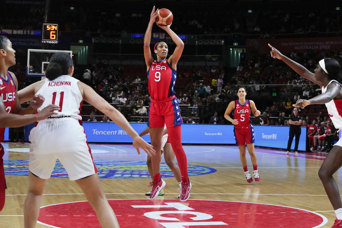 United States' A'ja Wilson shoots for goal during a semifinal game at the women's Basketball Wo ...
