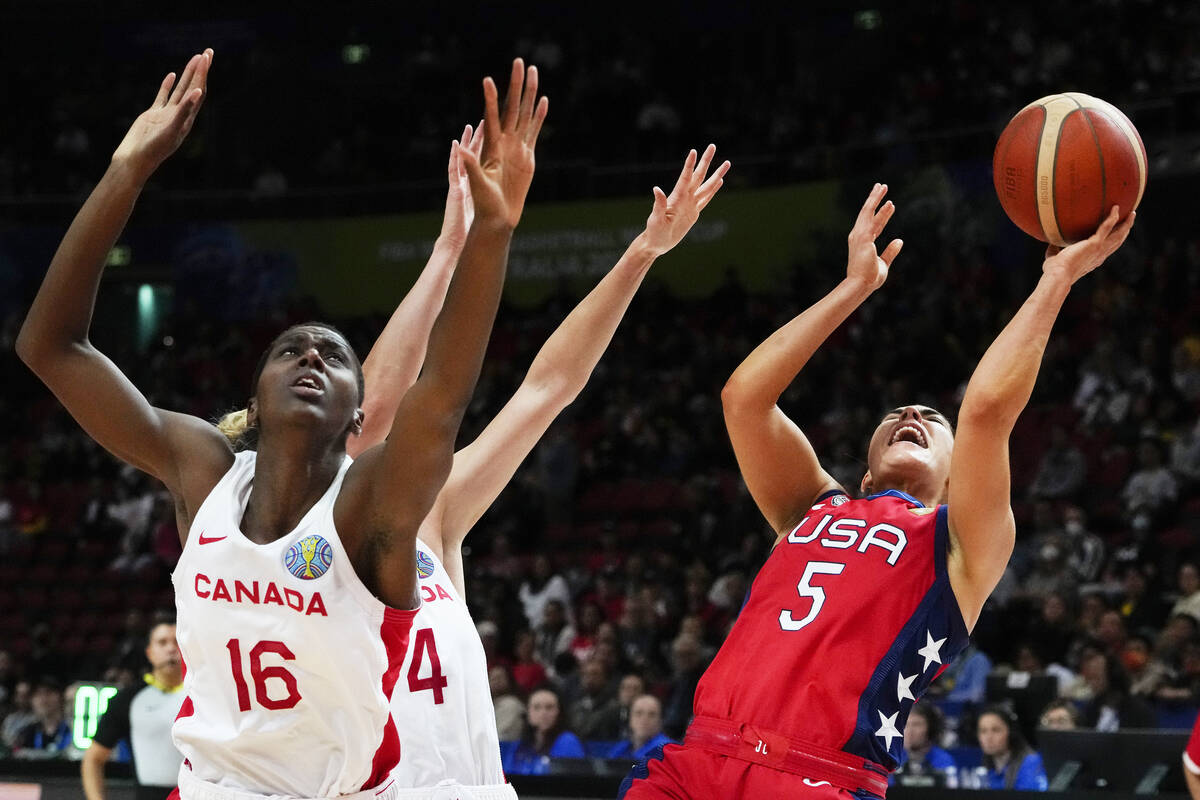 United States' Kelsey Plum reacts as she is fouled as she shoots for goal during a semifinal ga ...