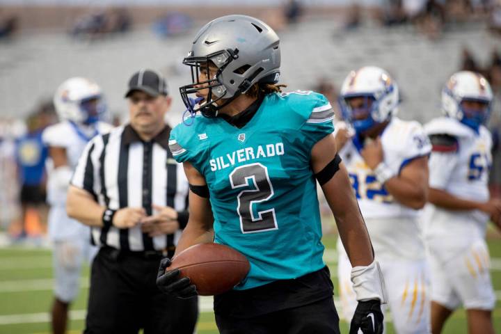 Silverado senior Donavyn Pellot (2) scores a touchdown during their game against Sierra Vista a ...