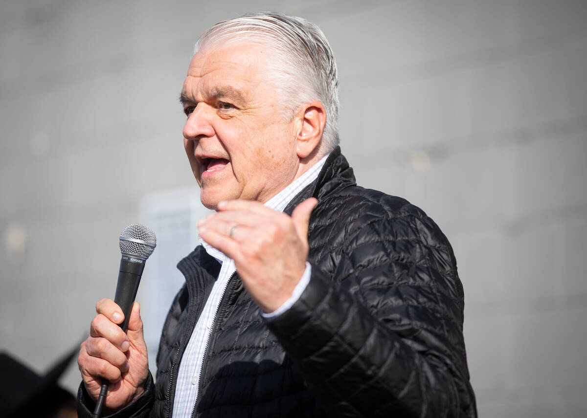 Gov. Steve Sisolak speaks to supporters during a Horse Parade to rally voters ahead of November ...