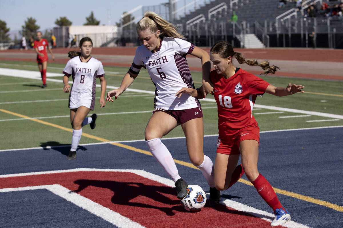 Faith Lutheran’s Brooklyn Maier (6) dribbles against Coronado’s Trinity Buchanan ...