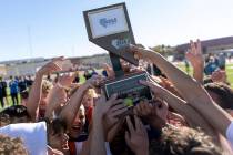 Bishop Gorman celebrates after winning the Class 5A boys high school soccer state championship ...
