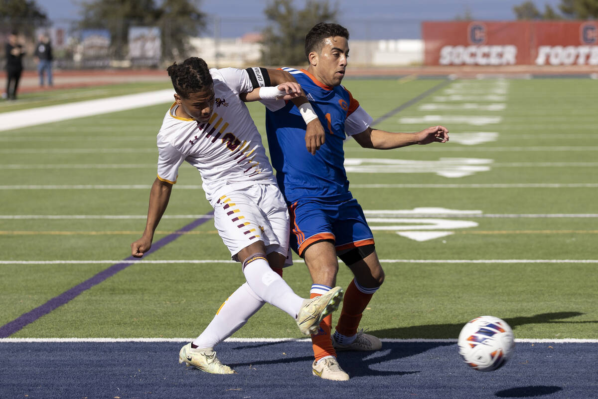 Eldorado’s Eric Hodges (2) unsuccessfully attempts a goal against Bishop Gorman’s ...