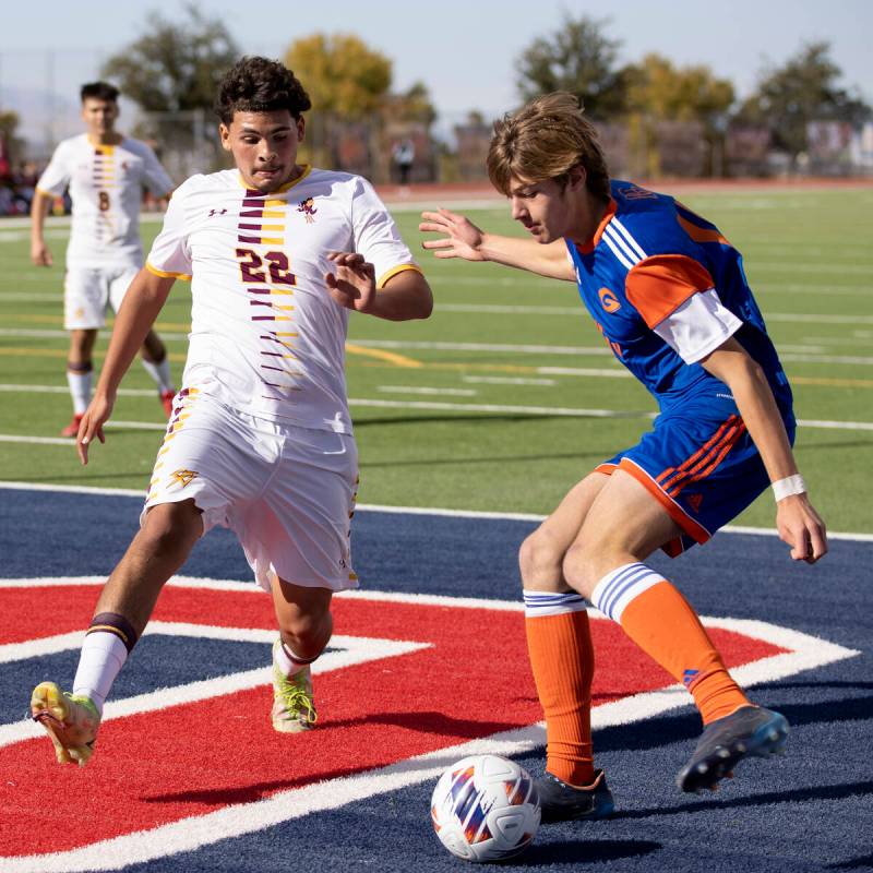 Bishop Gorman’s Chase Stewart winds up to attempt a goal while Eldorado’s Angel R ...