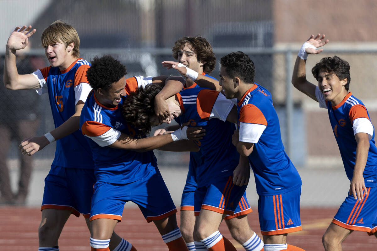 Bishop Gorman celebrates after Luke Parker, center, scored a goal against Eldorado during a Cla ...