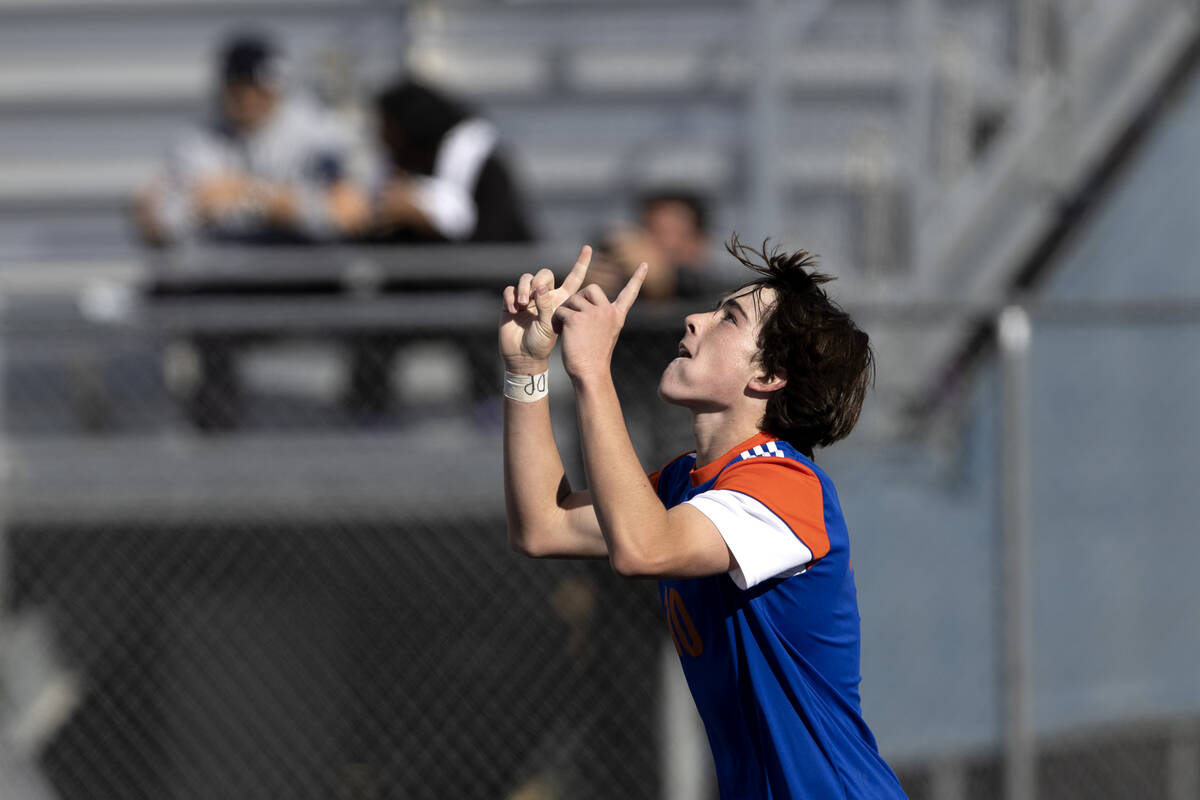 Bishop Gorman’s Luke Parker (10) celebrates after scoring against Eldorado during a Clas ...
