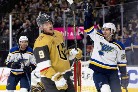 St. Louis Blues left wing Brandon Saad (20) celebrates after he scored a goal while Vegas Golde ...