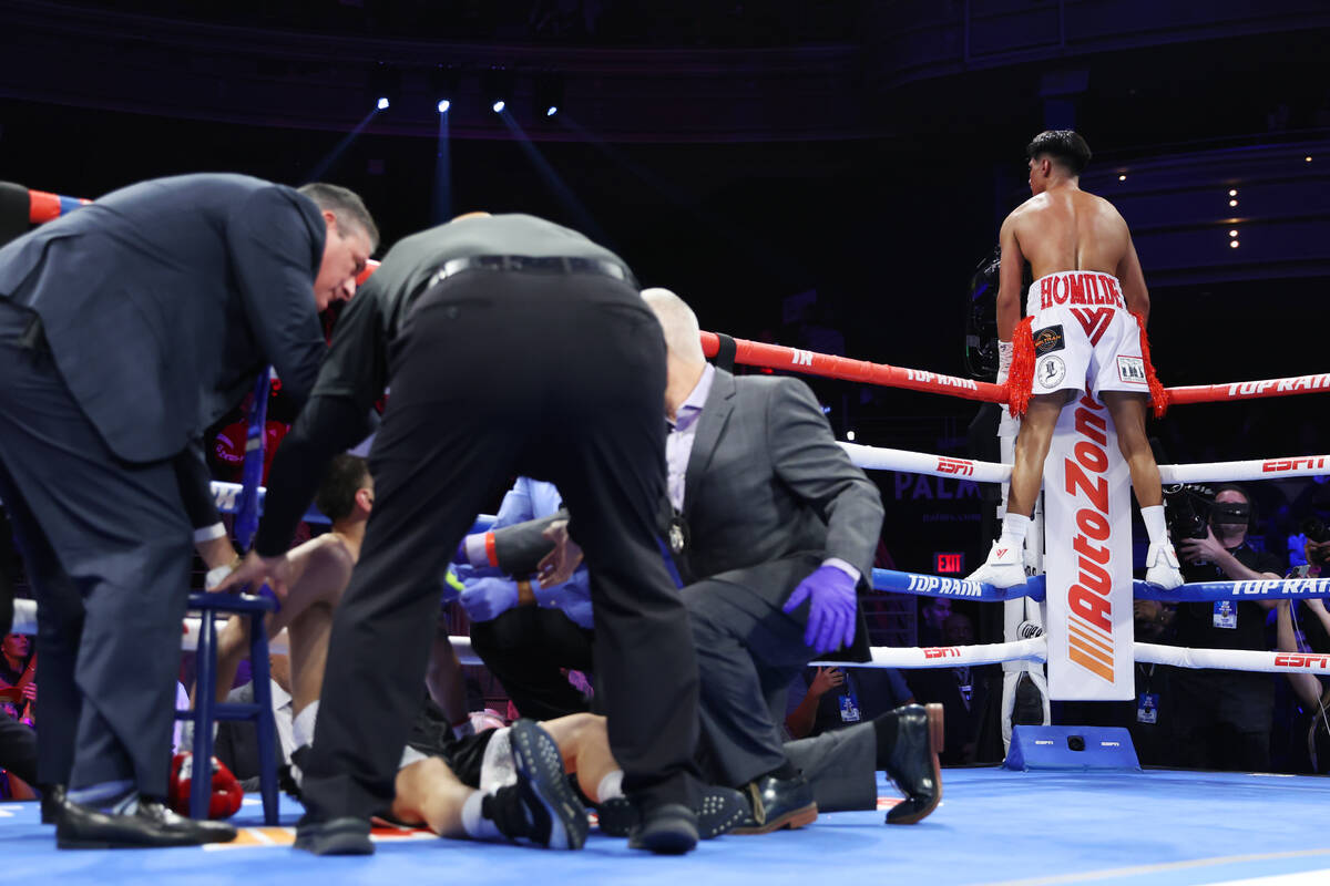 Emiliano Fernando Vargas, right, celebrates his knockout win against Julio Cesar Martinez in th ...