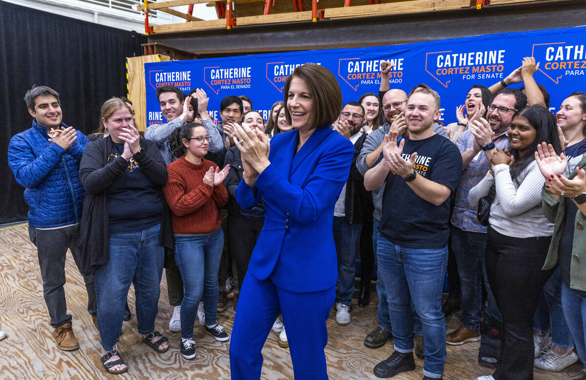 Senator Catherine Cortez Masto thanks members of her campaign staff following her delivering re ...