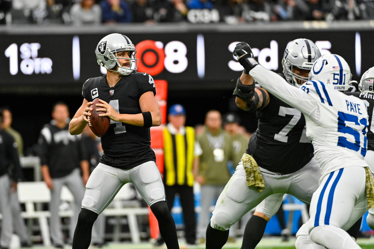 Las Vegas Raiders quarterback Derek Carr (4) throws against the Indianapolis Colts in the first ...