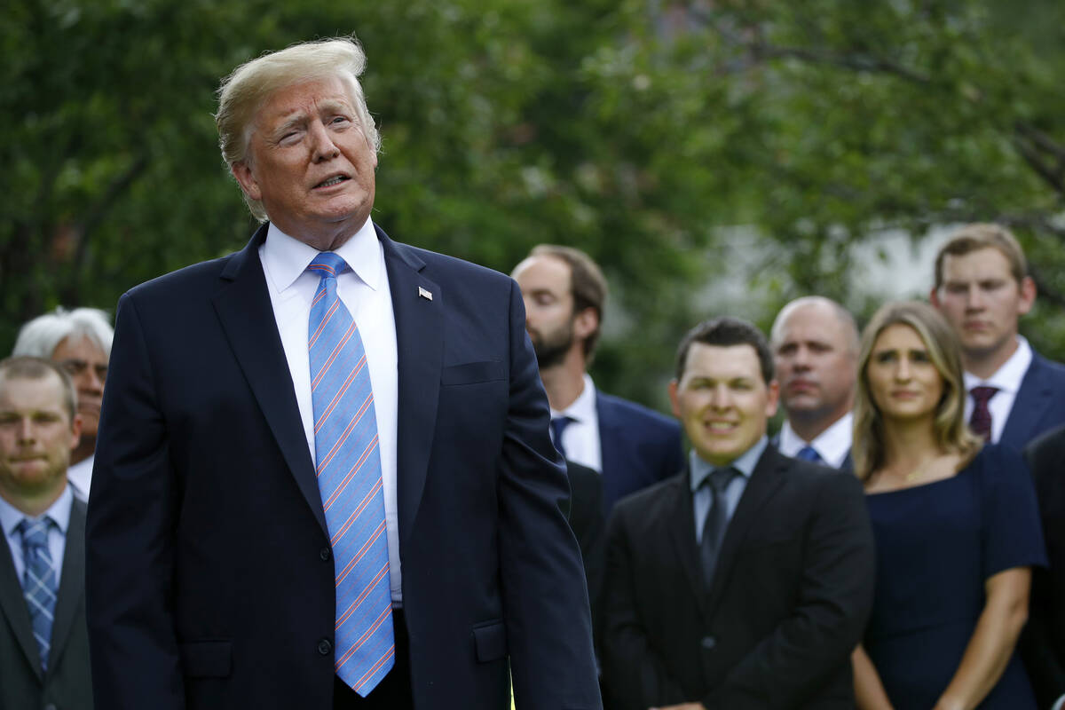 President Donald Trump speaks on the South Lawn at the White House, in this Monday, June 10, 20 ...