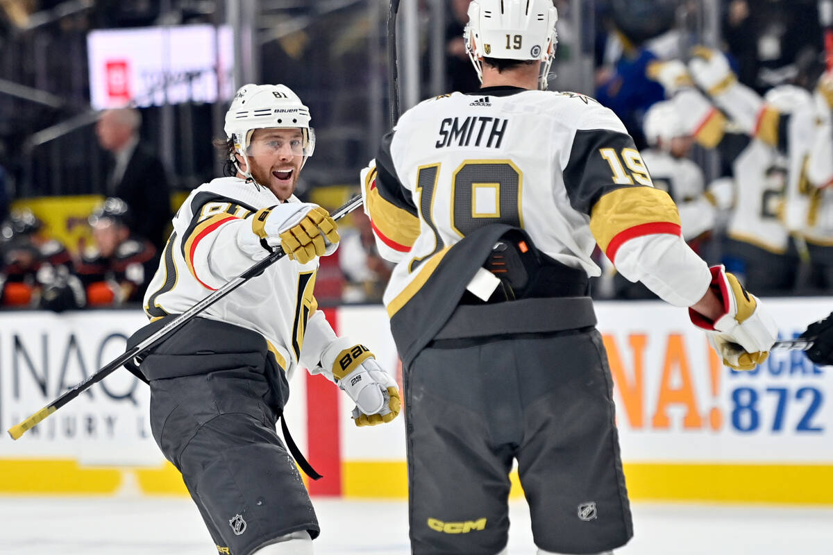 Vegas Golden Knights center Jonathan Marchessault (81) and right wing Reilly Smith celebrate a ...