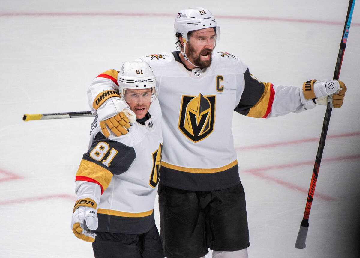 Vegas Golden Knights' Jonathan Marchessault (81) celebrates with Mark Stone after scoring again ...