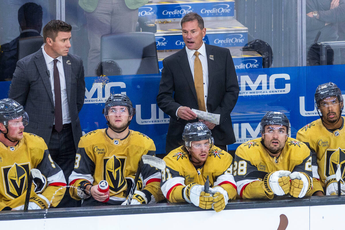 Golden Knights Head Coach Bruce Cassidy argues a late call versus the Chicago Blackhawks during ...