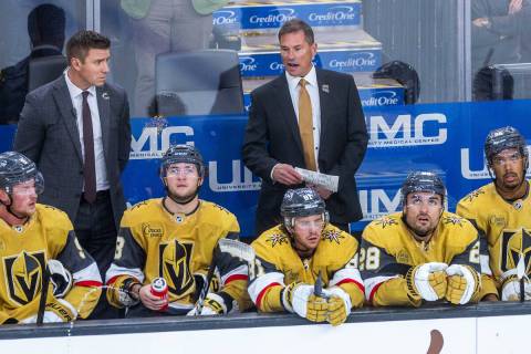 Golden Knights Head Coach Bruce Cassidy argues a late call versus the Chicago Blackhawks during ...