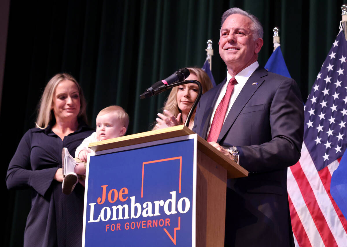 Nevada Gov.-elect Sheriff Joe Lombardo gives a victory speech at his alma mater, Rancho High Sc ...