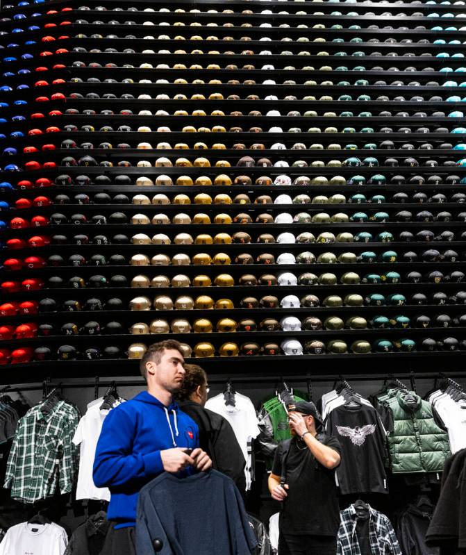 A 75-foot hat wall is shown at Culture Kings at the Forum Shops at Caesars, on Monday, Nov. 14, ...