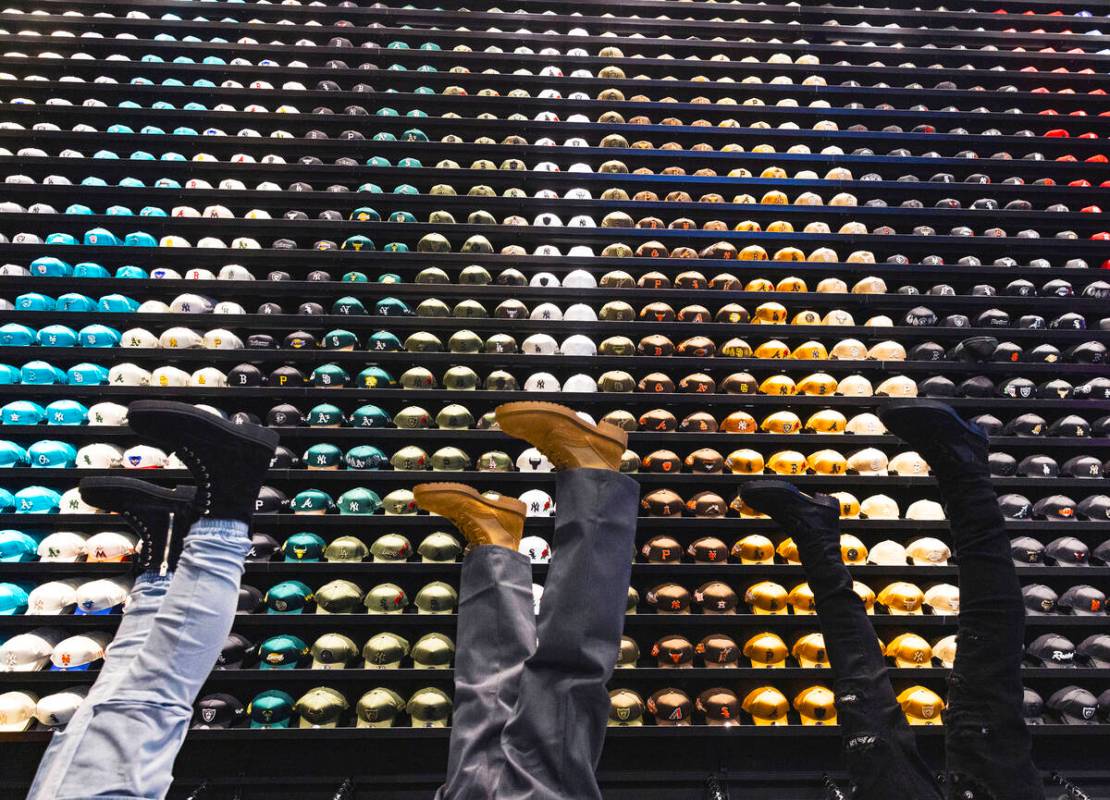 A 75-foot hat wall is shown at Culture Kings at the Forum Shops at Caesars, on Monday, Nov. 14, ...