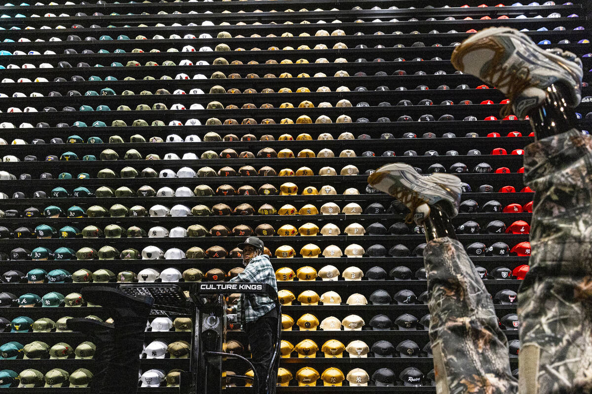 A 75-foot hat wall is shown at Culture Kings at the Forum Shops at Caesars, on Monday, Nov. 14, ...