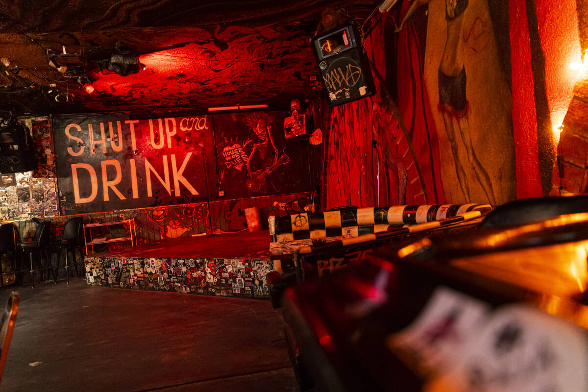 The stage and decor are seen at the Double Down Saloon, on Tuesday, Nov. 15, 2022, in Las Vegas ...