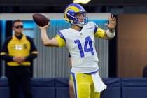 Los Angeles Rams quarterback Luis Perez warms up before a preseason NFL football game against t ...