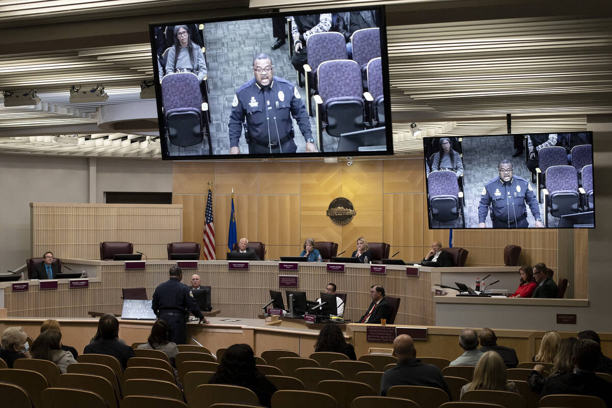 Henderson Chief of Police Thedrick Andres speaks during a city council hearing at Henderson Cit ...