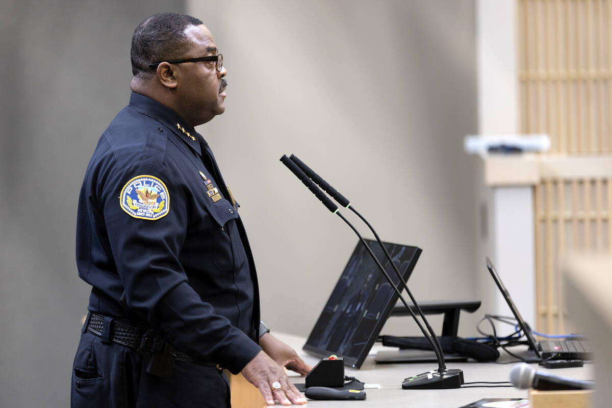 Henderson Chief of Police Thedrick Andres speaks during a city council hearing at Henderson Cit ...