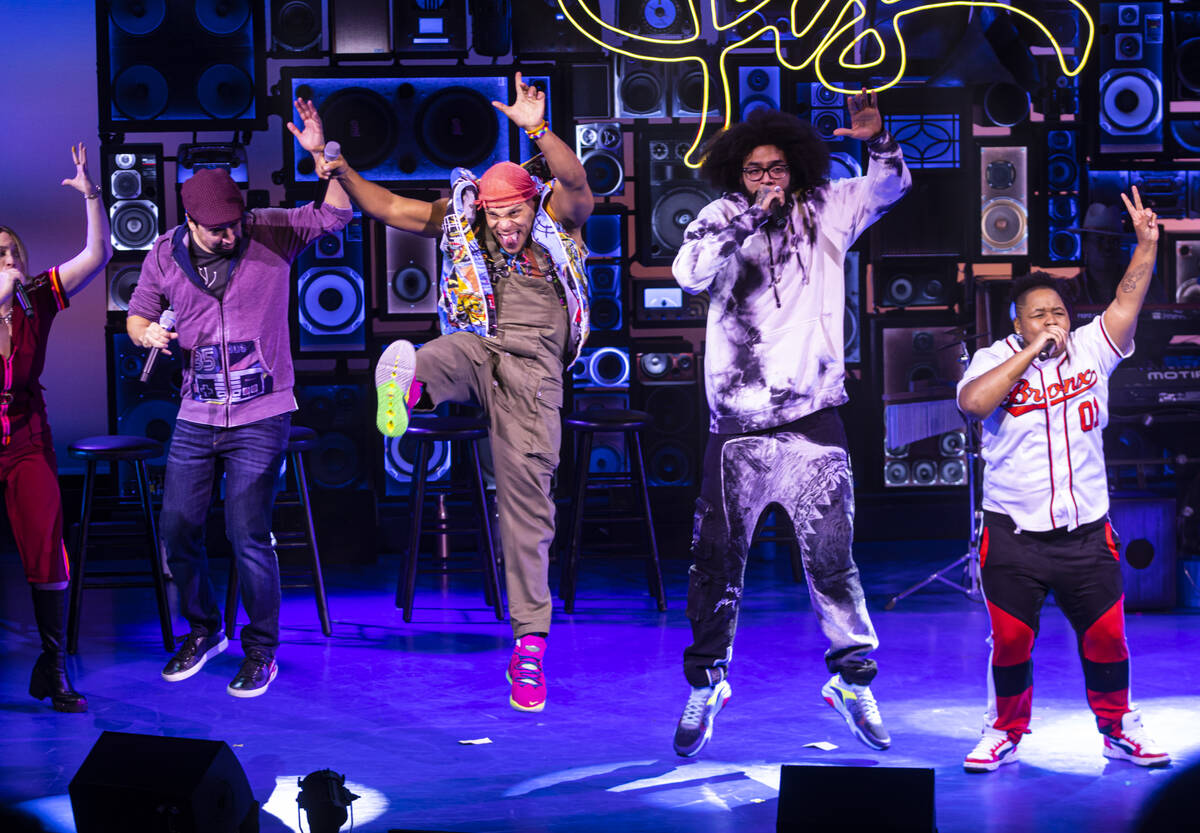 Lin-Manuel Miranda, co-creator of Freestyle Love Supreme, left, performs with the cast at The S ...