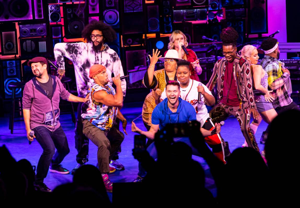Lin-Manuel Miranda, co-creator of Freestyle Love Supreme, left, performs with the cast at The S ...