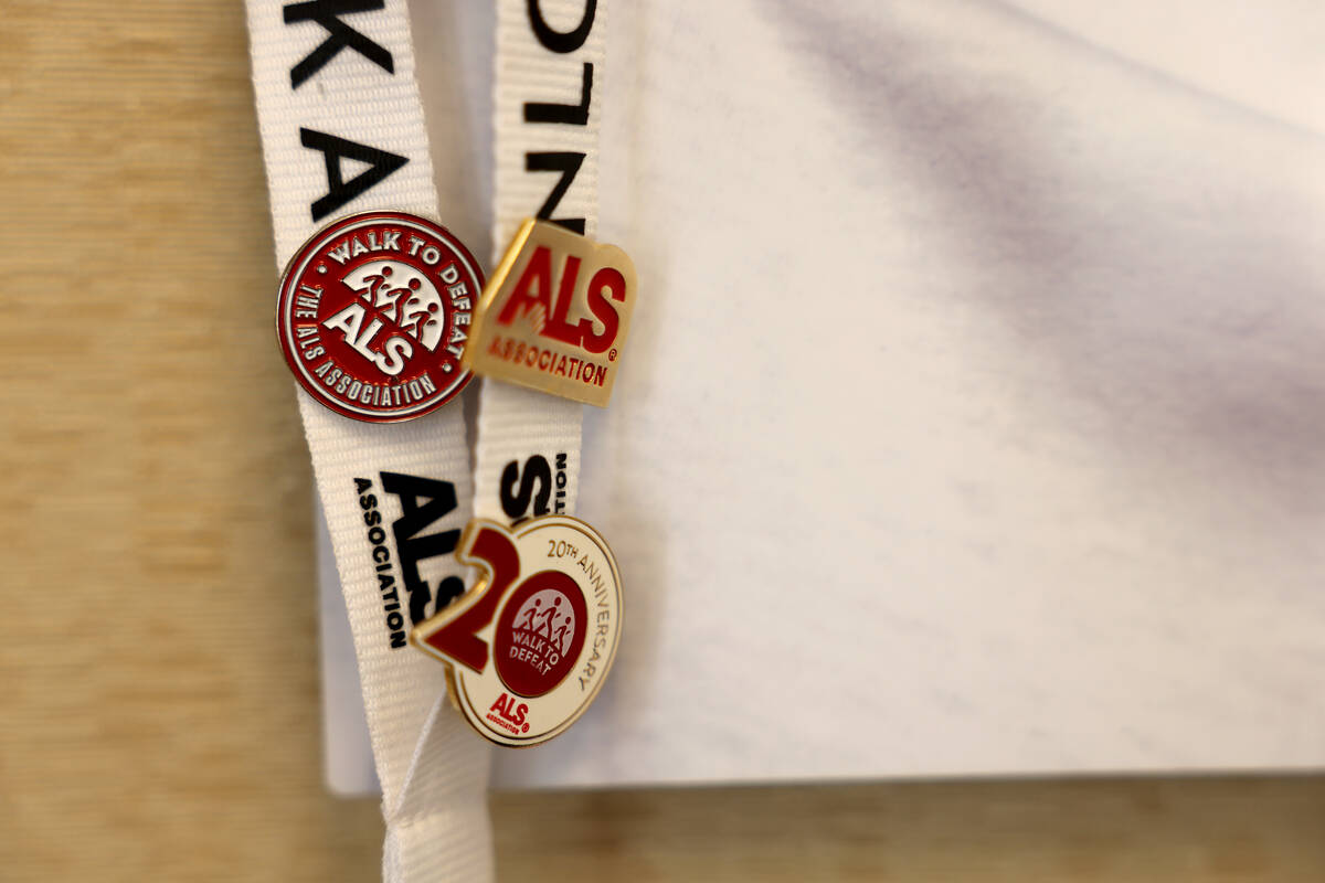 A lanyard and pins on the wall of ALS Association of Nevada office in Las Vegas Tuesday, Nov. 1 ...