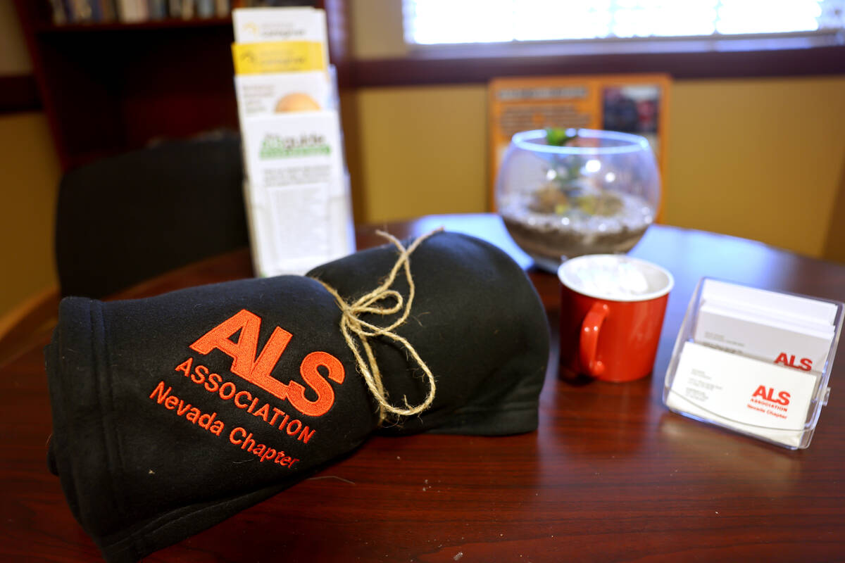 A branded blanket at the ALS Association of Nevada office in Las Vegas Tuesday, Nov. 15, 2022. ...
