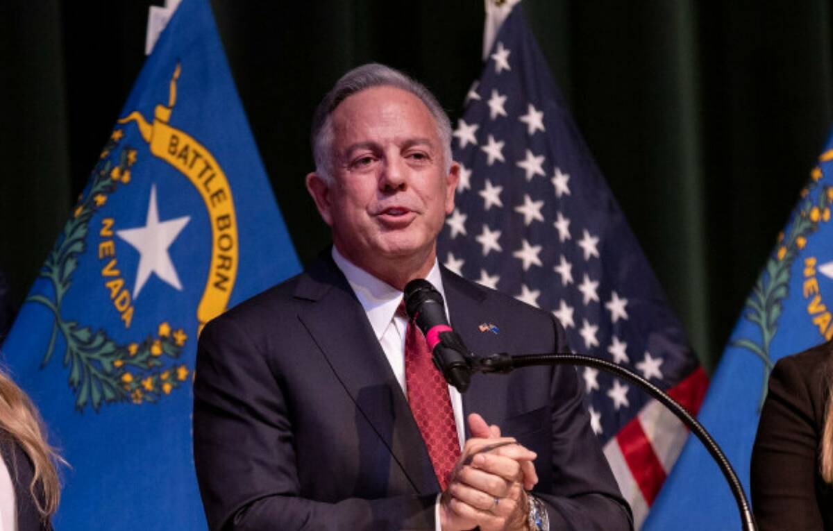 Nevada Gov.-elect Joe Lombardo gives a victory speech during a news conference, Monday, Nov. 14 ...