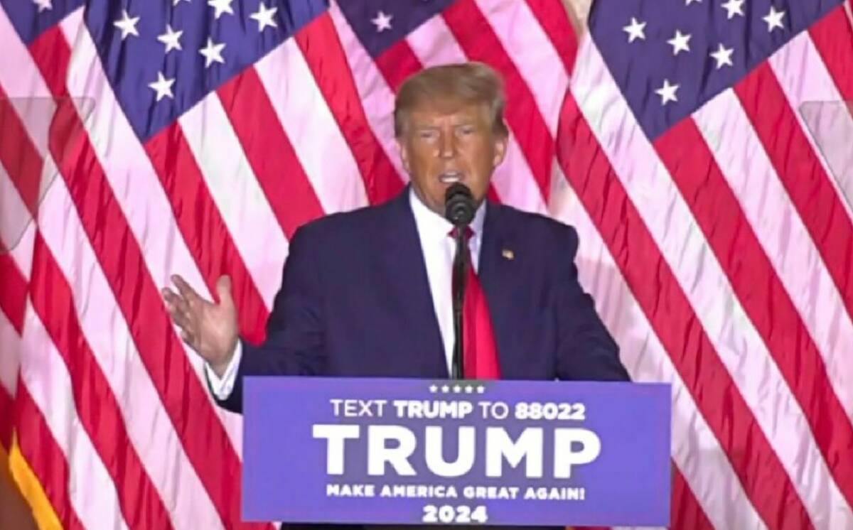 In this image from video, former President Donald Trump announces he is running for president f ...